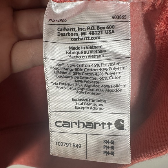 CARHARTT Womens Small 4-6 Relaxed Fit Orange Logo Hoodie Sweatshirt Front Pocket - Picture 5 of 5